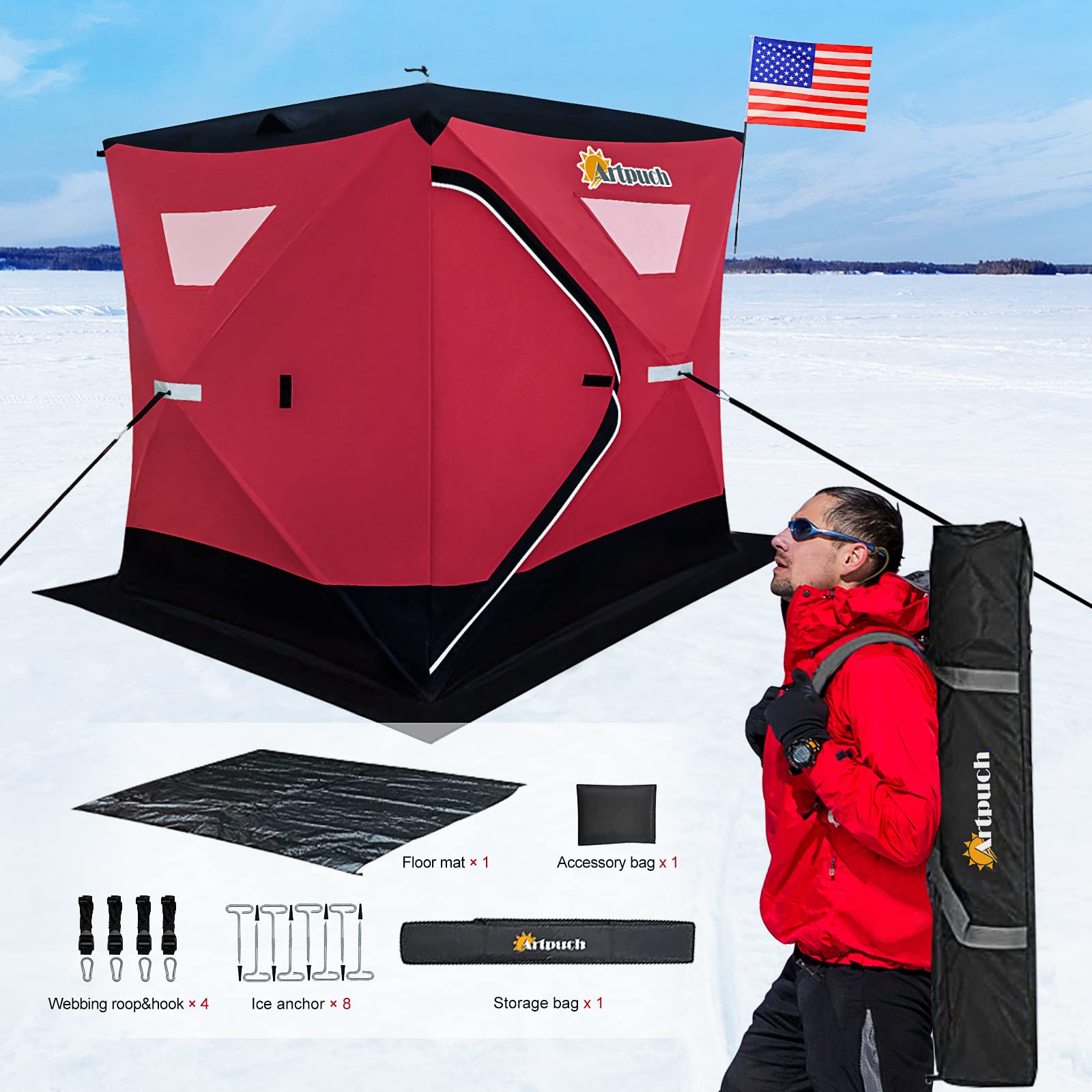 Artpuch 3-4 Person Portable Pop-up Ice Fishing Shelter Tent with Floor
