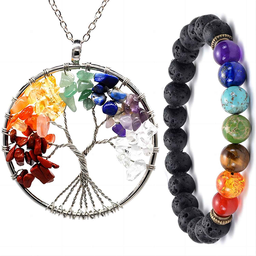 NAWAY Natural Gemstone Jewelry Set Tree of Life Pendant Crystal Necklace & Bracelet